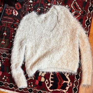 Anthropologie Cream Fuzzy V-Neck Sweater